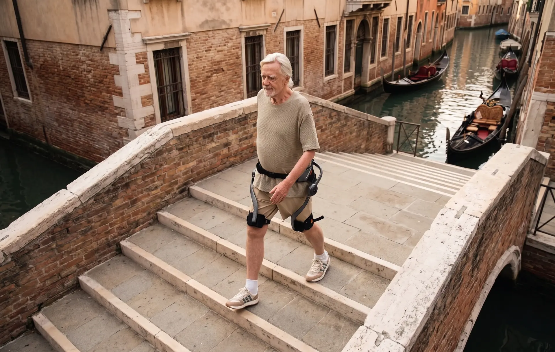 Uomo che attraversa un ponte veneziano indossando l'esoscheletro bionico EXOVELT